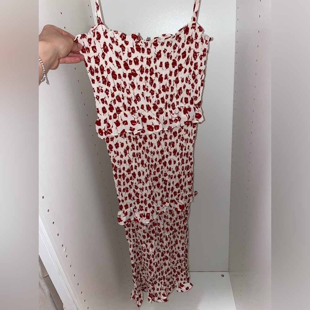 Red ruffle midi dress.